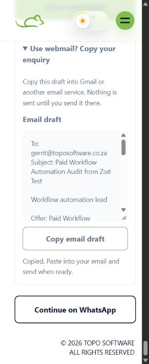 Actual 320-pixel browser retest showing the expanded email draft, Copy email draft button and manual webmail instructions.